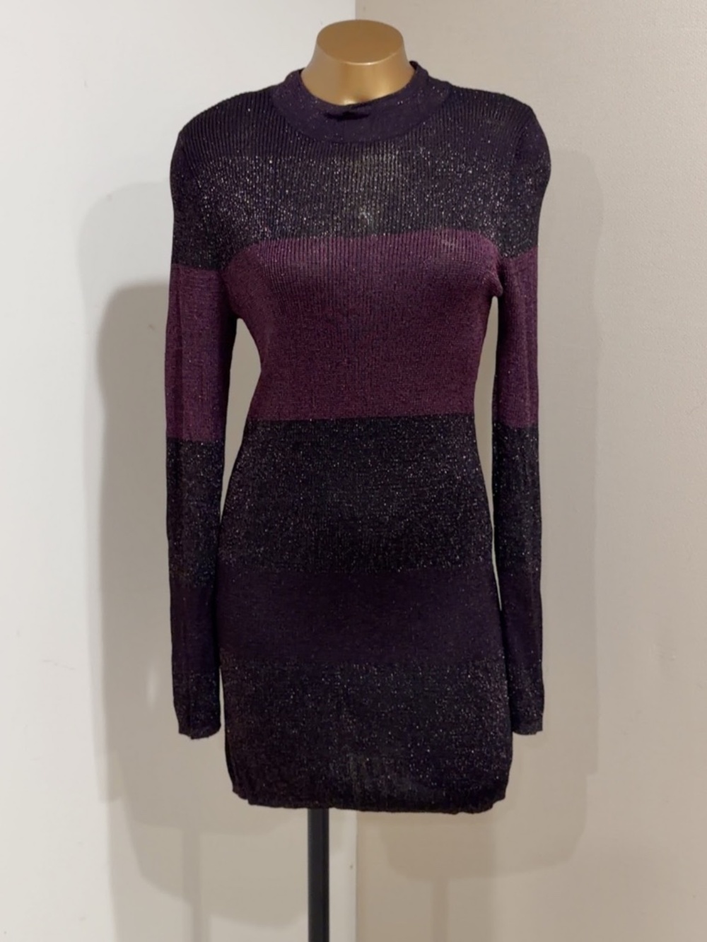 WHBM Women's Purple Color-blocked Long Sleeve Glitter Tunic Sweater Dress Size M